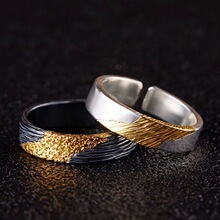 七尚原创设计《烟火》男士泰银食指戒手工制作黑色银包金开口戒指