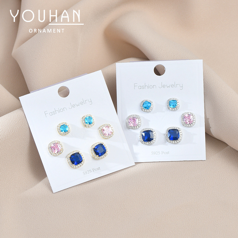 High Sense Affordable Luxury Style Sterling Silver Needle One Card Three Pairs Combination Cube Sugar Small Ear Studs Set Earrings Ear Rings Wholesale