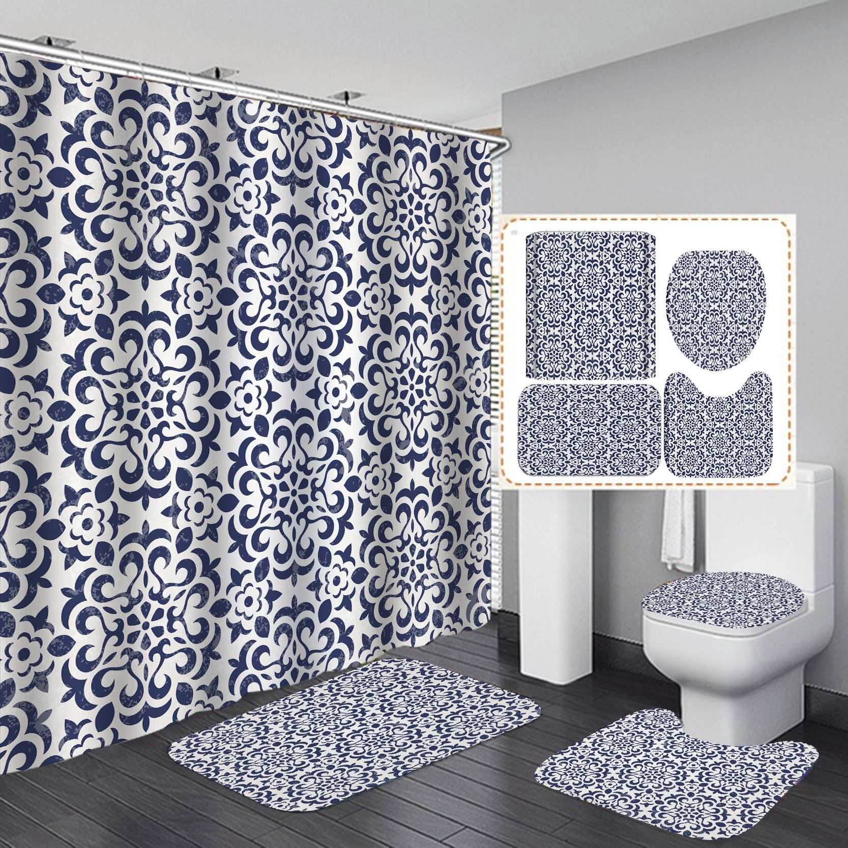 HD Digital Printing Shower Curtain Set Pattern Series Waterproof Punch-Free Partition Curtain Bath Curtain Hotel Rain Curtain