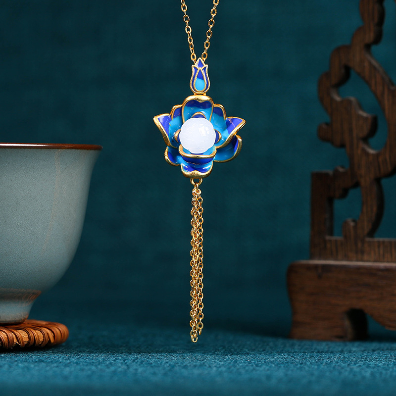 艾尔缘中国风古法镀金工艺复古莲蓬流苏项链珐琅国潮古装旗袍首饰