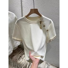 新中式斜盘扣提花短袖T恤女2024春季新款时尚设计感国风上衣