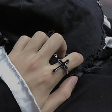 复古黑色大十字开口戒指女士 哥特式时尚合金男士万圣节珠宝戒指