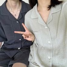 全棉纱布日式情侣睡衣女夏季新款短款男士深灰高颜值家居服套装秋