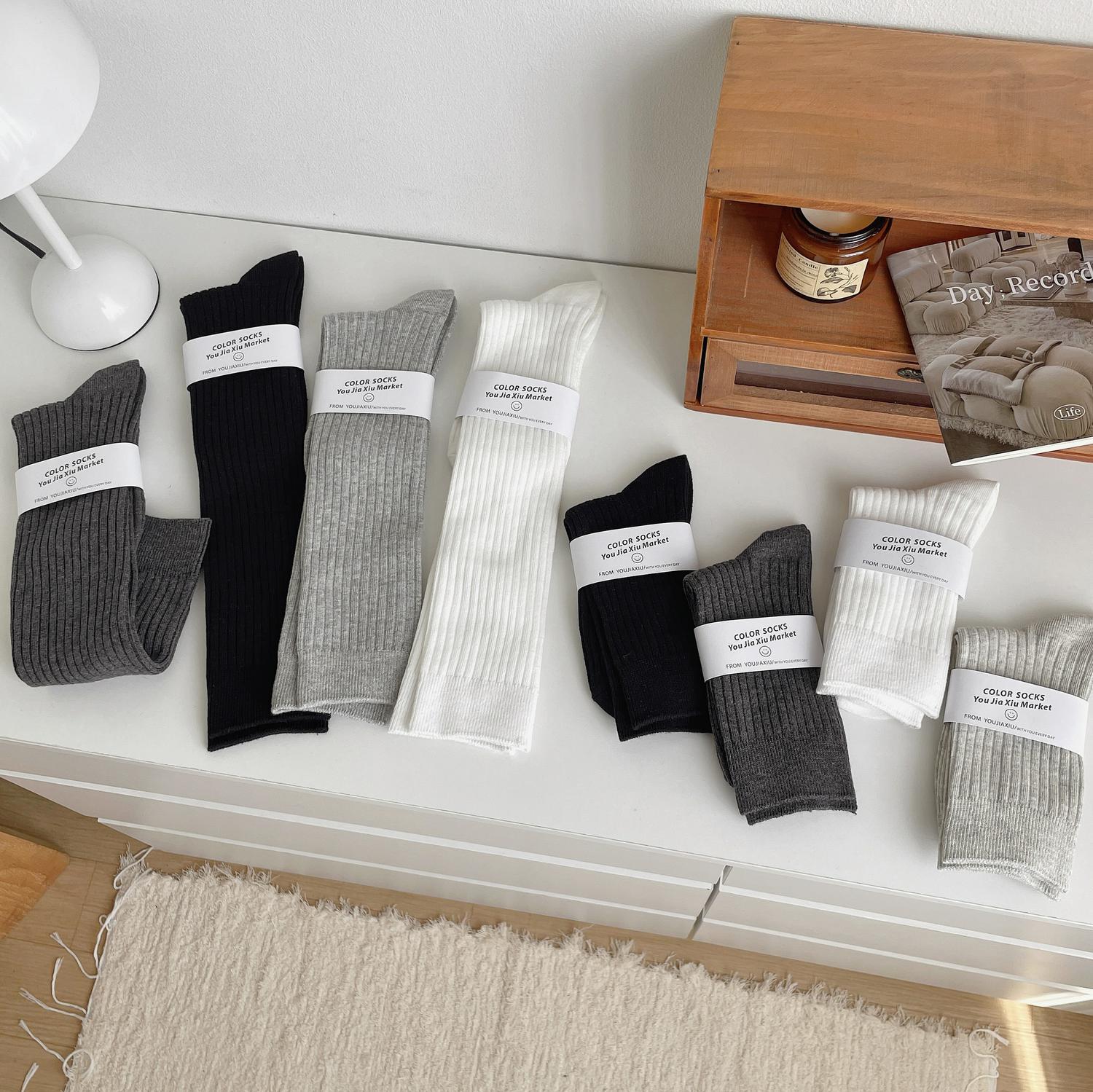 Miu Style Model Style Gray Calf Socks Female Ins Trendy Korean Style Four Seasons Vertical Stripes Solidcolor Mid-Calf Length Bunching Socks