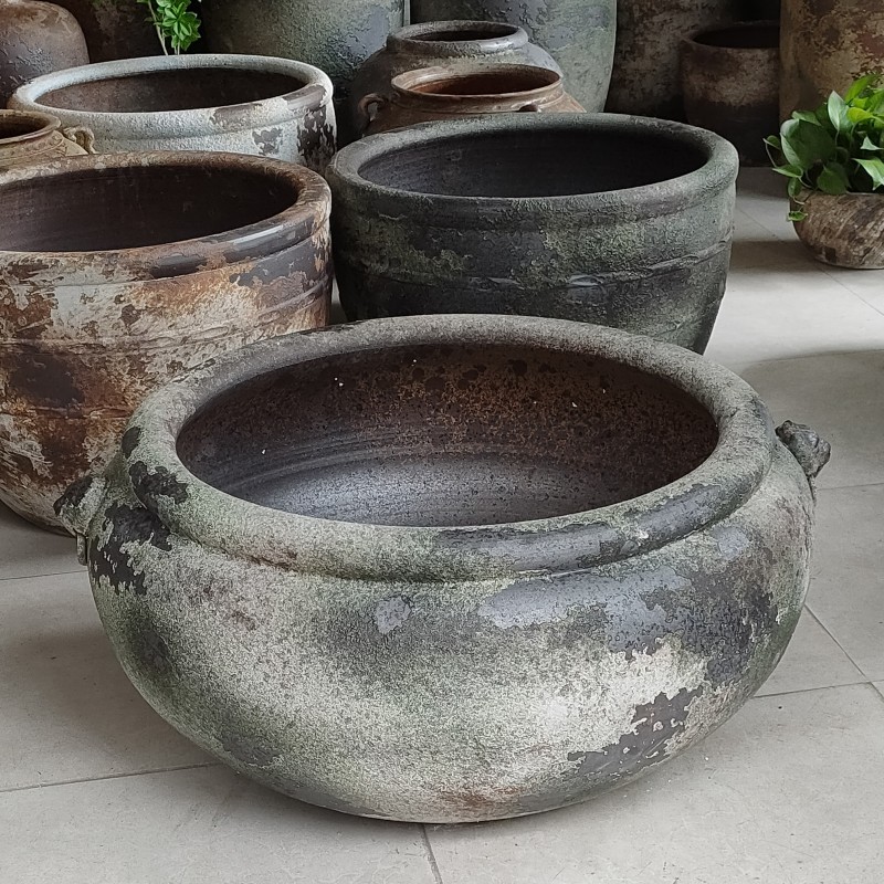 复古陶瓷仿古大缸双耳鱼缸落地摆件庭院园林粗陶手工流水水景盆