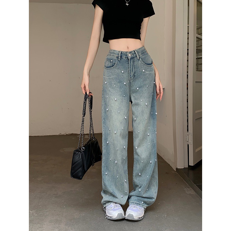 Real Shot Fashion Pearl High Waist Slimming Jeans Autumn Korean Style Loose Wide Leg Mop Pants Tide