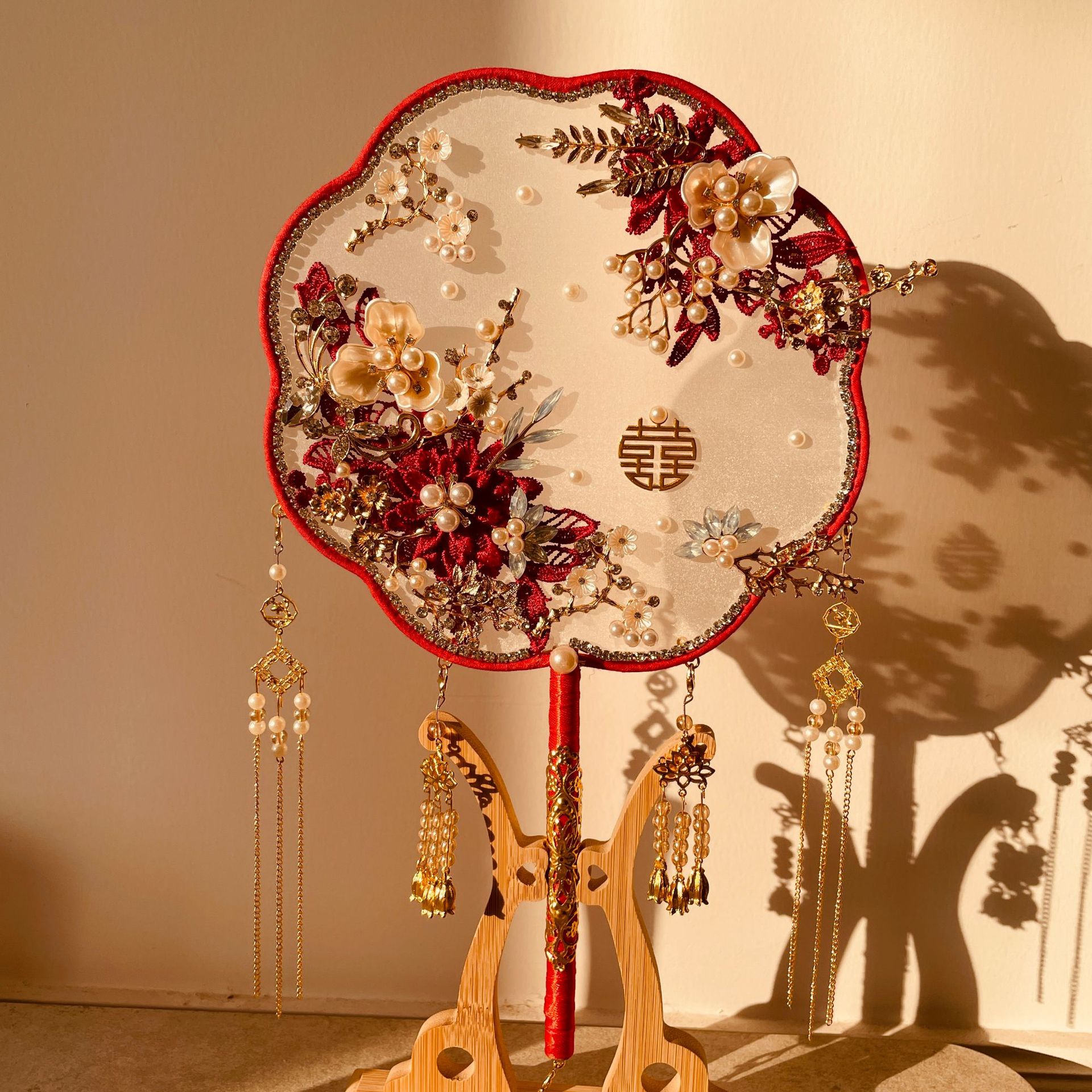 红色新娘团扇中式婚礼成品双面喜扇结婚秀禾扇子手捧花扇成品套装