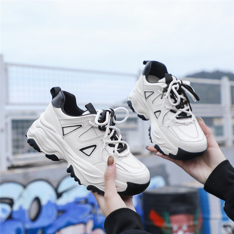 Spring 2023 New Authentic Leather Clunky Sneakers Women's All-Match Platform Lightweight Retro Fashion Platform Casual Sneakers