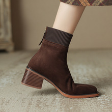 切尔西高跟短靴女秋冬单靴子针织方头棕色马丁靴粗跟牛皮瘦瘦袜靴