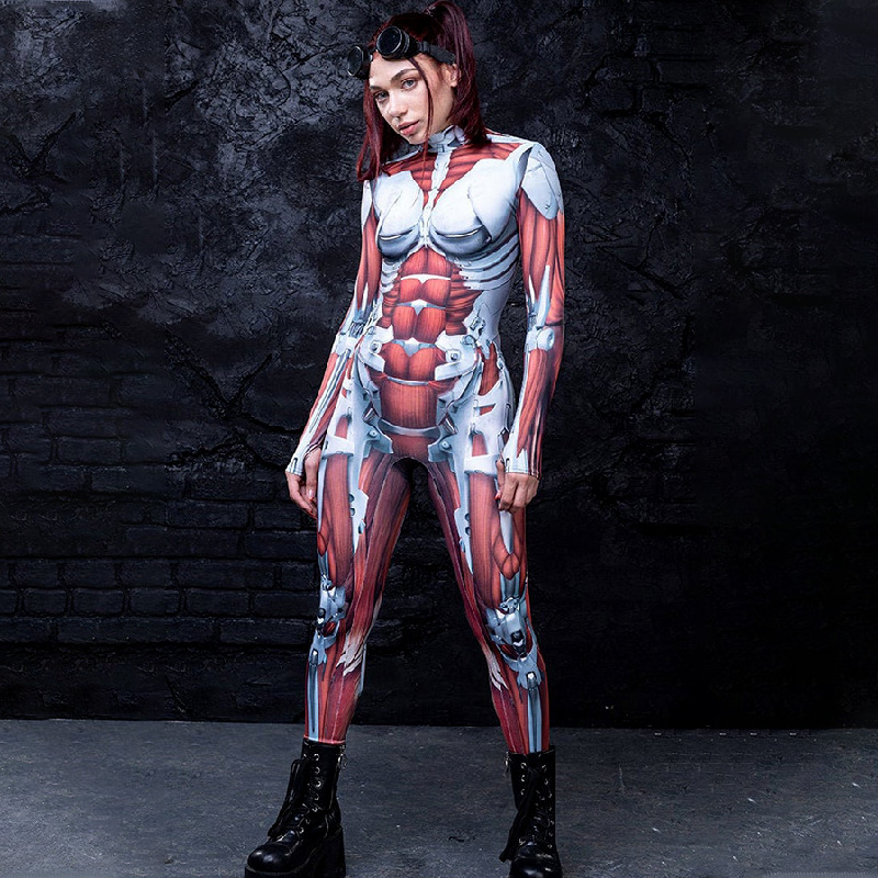 fd516 万圣节新款2022欧美女装肌肉印花长袖连体衣装连体紧身服女