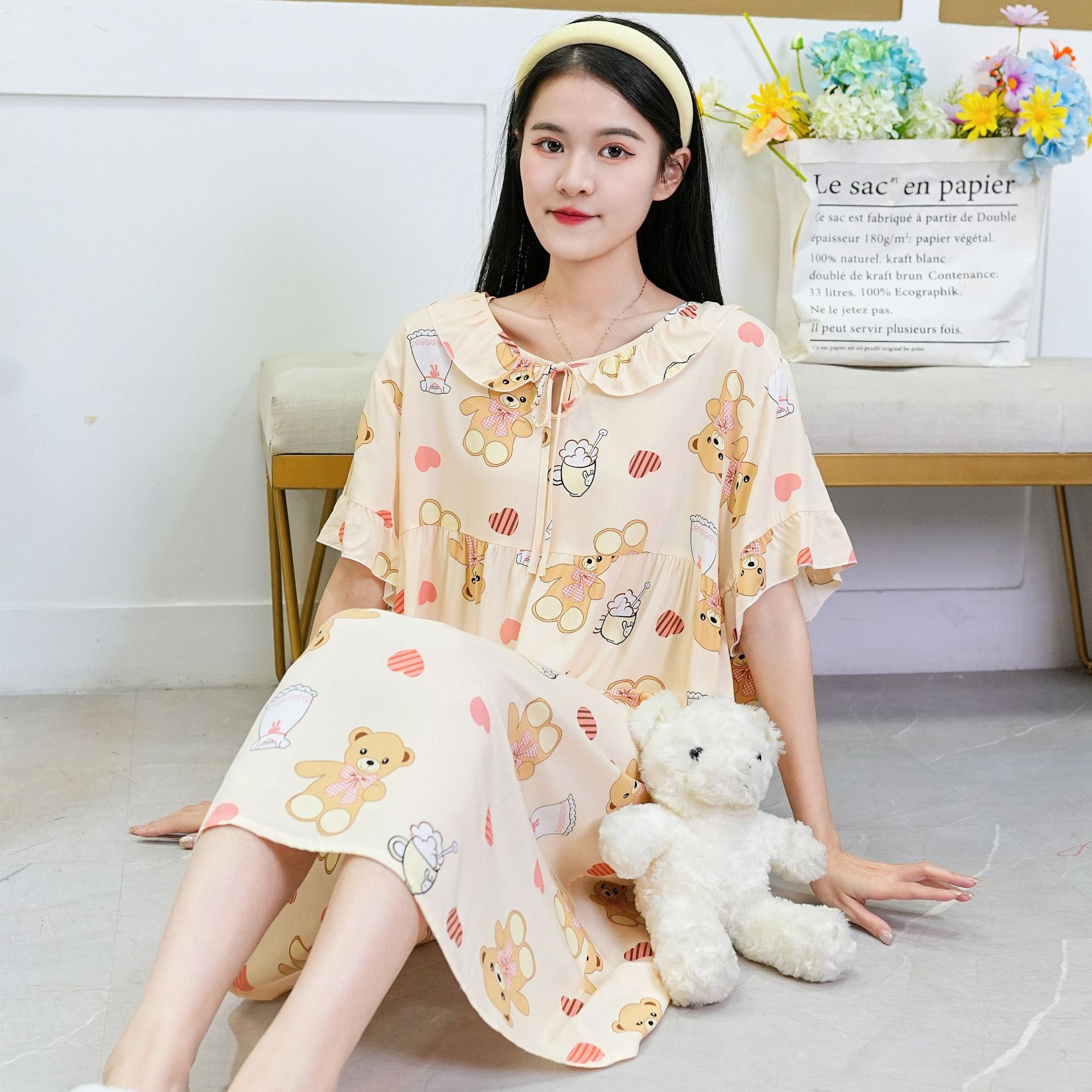 Spring Summer Cotton Silk Nightdress Women's New Sweet Cute Style Home Wear Can Be Worn outside Large Size Printed Ruffled Pajamas