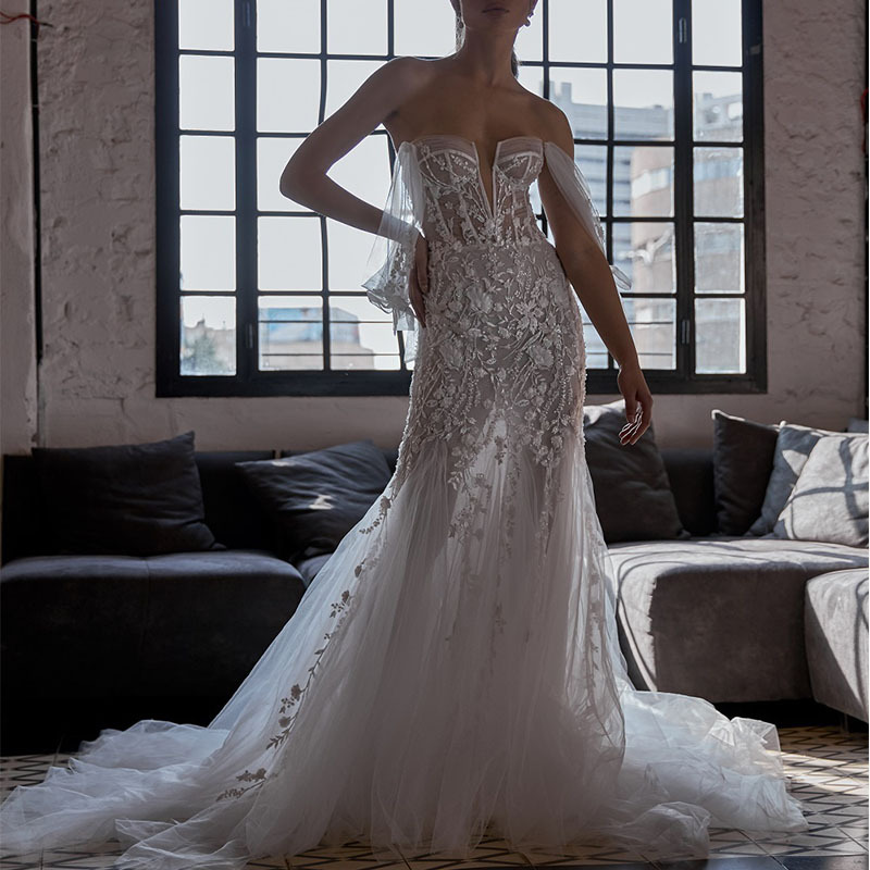 欧美外贸新款婚纱wish亚马逊性感抹胸v领飘纱一字肩蕾丝鱼尾长裙