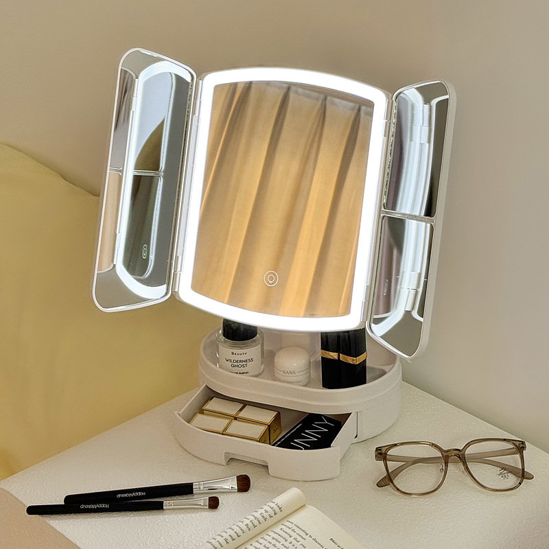化妆镜台式桌面带灯充电镜子宿舍贝壳双门折叠镜化妆镜-阿里巴巴