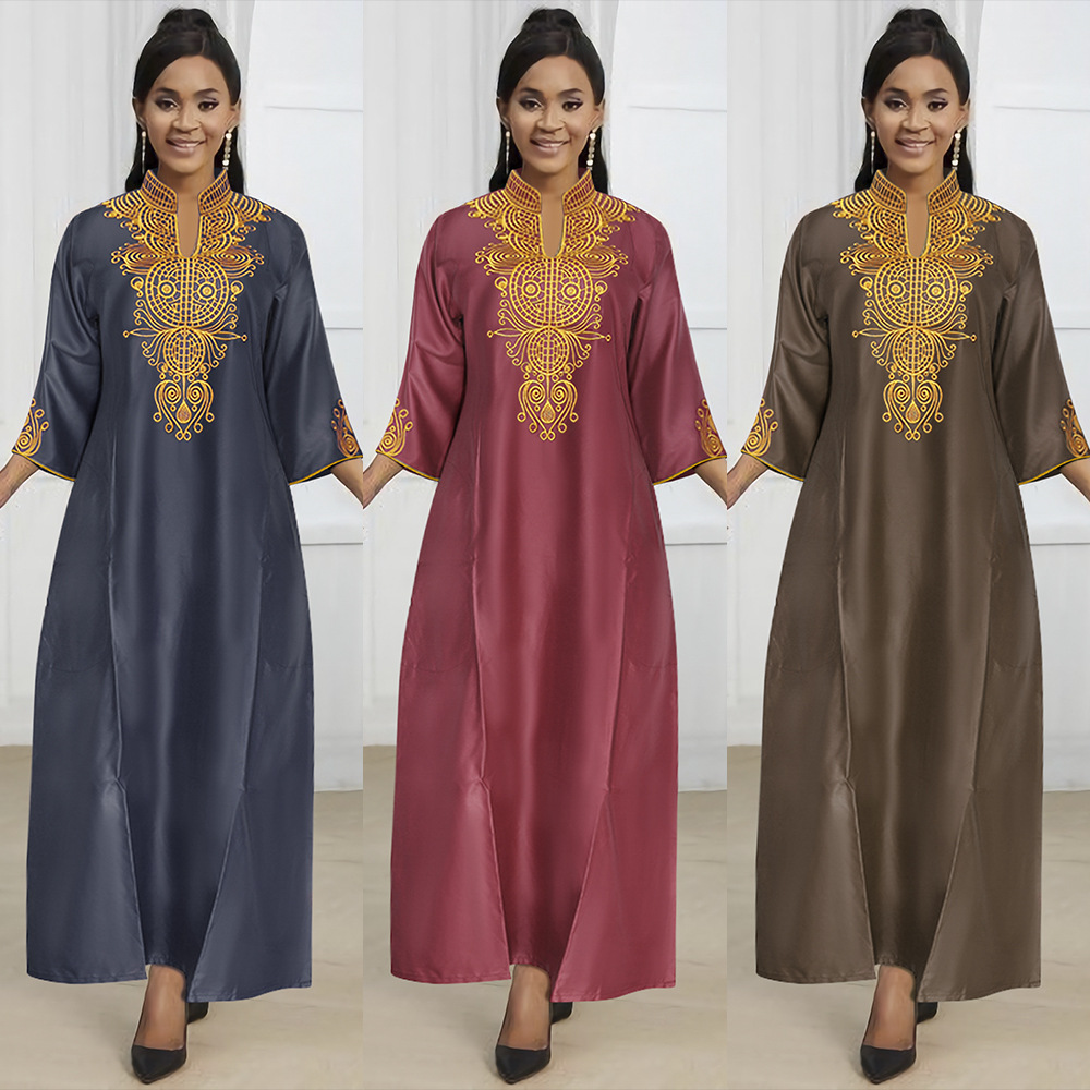 非洲女装跨境货源速卖通亚马逊立领纯色刺绣长袍穆斯林连衣裙