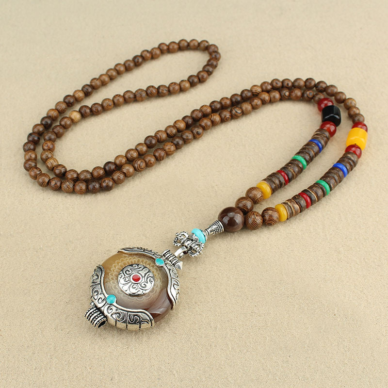 Factory Store Ethnic Style Bohemian Tibetan Necklace Men and Women All-Matching Wooden Long Sweater Chain Accessories