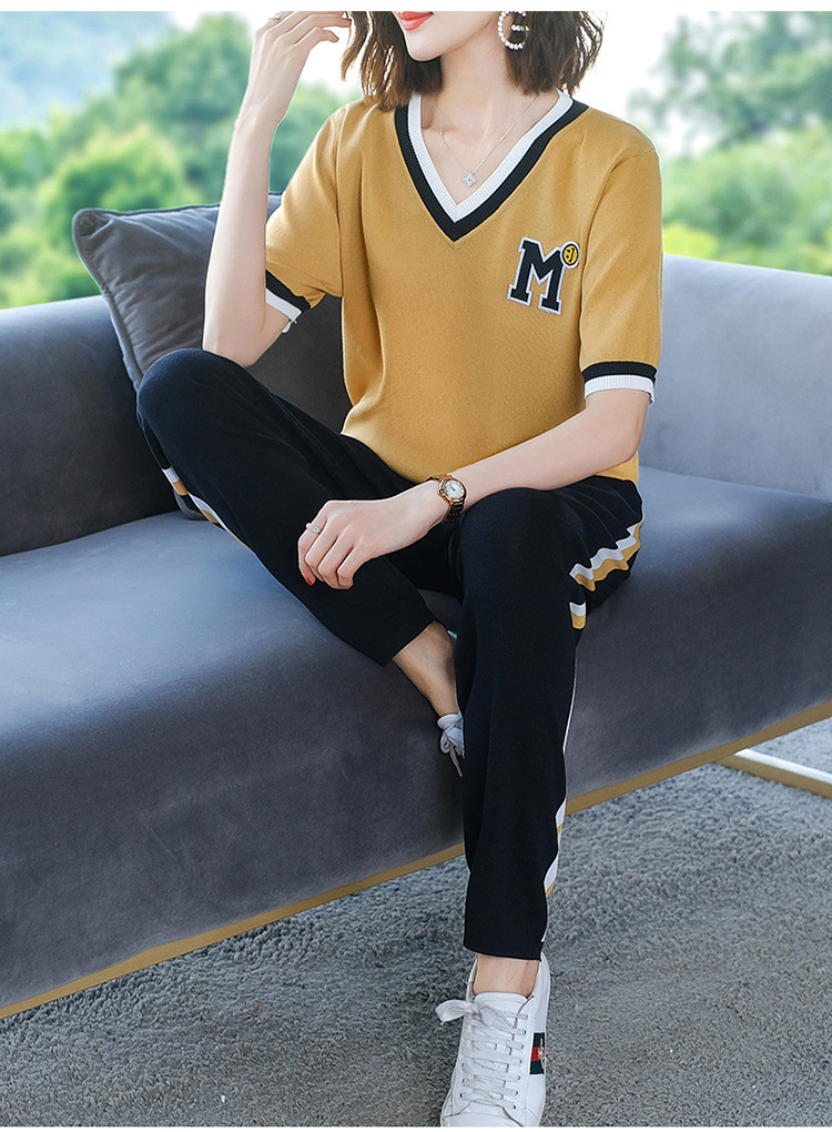 休闲运动两件套夏季女装2021新款冰丝针织衫哈伦裤短袖时尚套装女