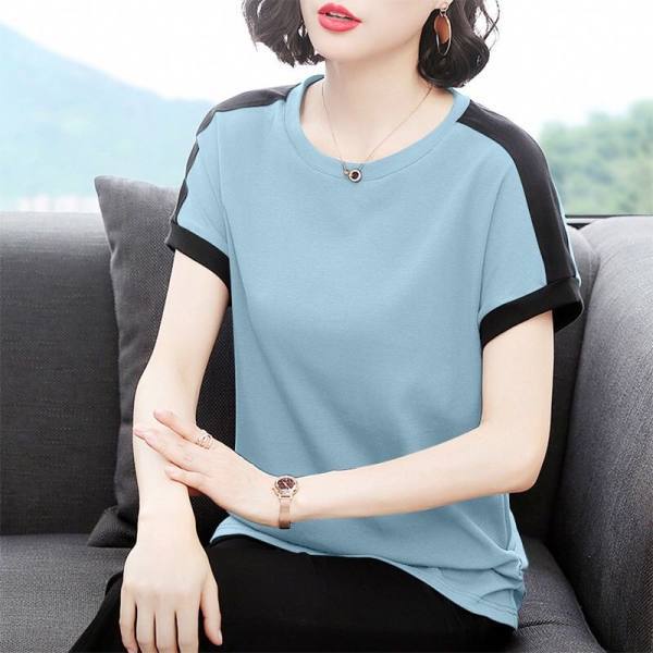 2023 Summer Korean Style Mom Wear Loose Large Size Contrast Color Short Sleeve round Neck Top Loose and Simple Western Style Shirt