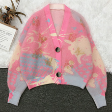 印金蝴蝶针织宽松单排扣开衫中长款韩版印花气质通勤粘纤粉色毛衣