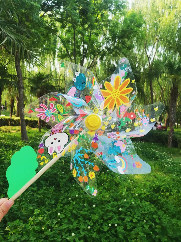 儿童手工diy白色透明绘画风车幼儿园户外装饰亲子互动涂色材料包