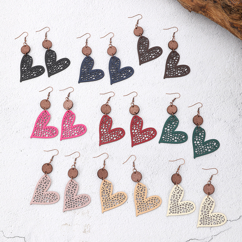 European and American Fashion Valentine's Day Love Wood Piece Hollow Mesh Leather Earring Pendant for Ladies AliExpress Amazon Xi Yin