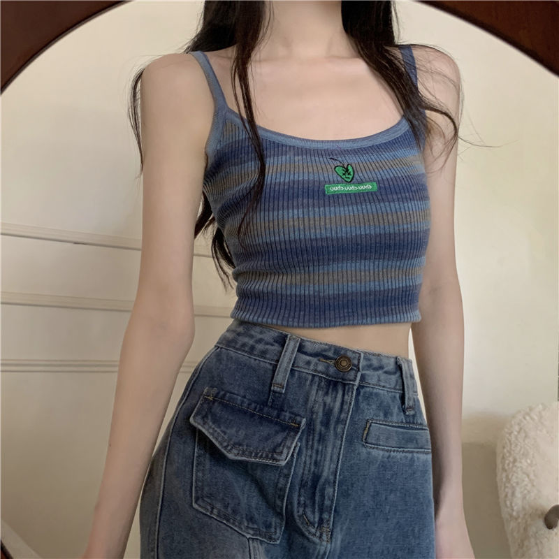 甜辣妹条纹吊带小背心女夏季短款无袖打底衫性感纯欲内搭上衣外穿