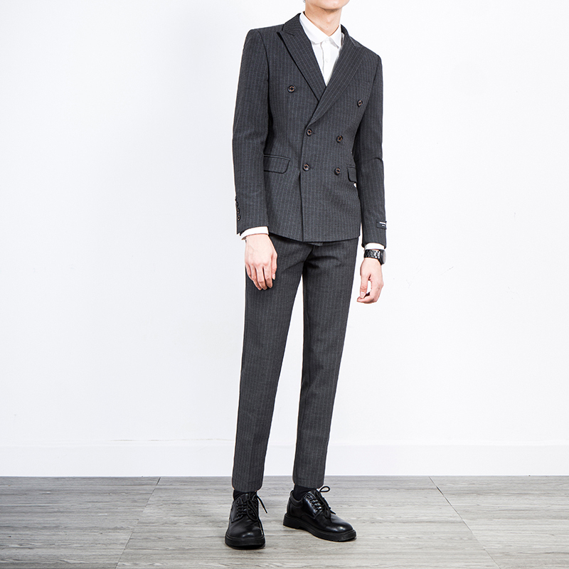 竖条纹西装男套装修身韩版英伦青年帅气西服休闲商务小西装双排扣