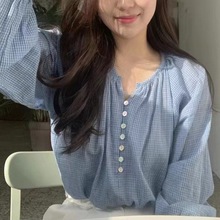 韩国chic春夏复古慵懒风圆领小排扣撞色格纹宽松长袖衬衫上衣女