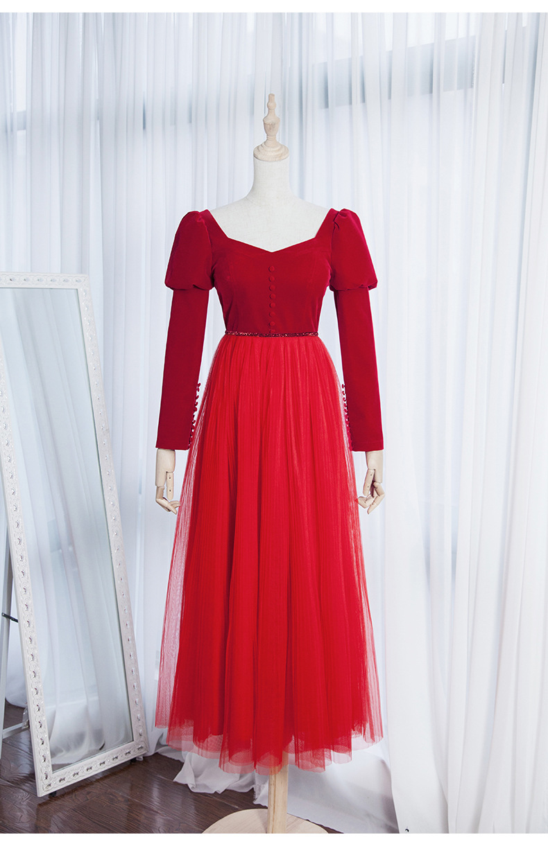 2021早春新款红色长袖连衣裙新娘结婚高腰大裙摆长款礼服裙 66139