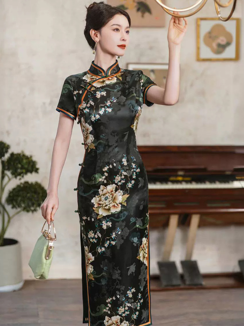 交织桑蚕丝改良旗袍2024新款夏女中式复古国风真丝连衣裙长款