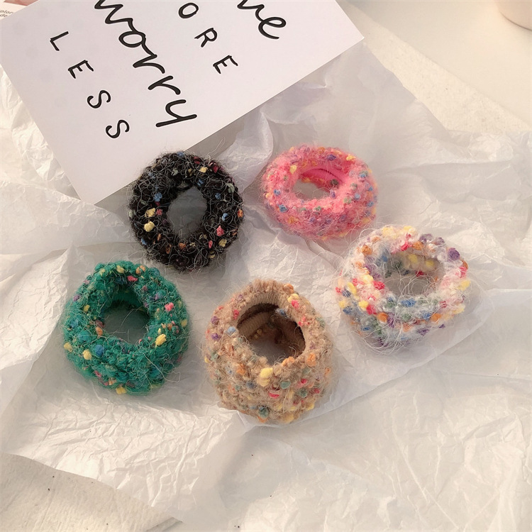 2022 New Autumn and Winter Colorful Wool Hair Ring Internet Celebrity Ins Girl Bun Headband Bold Rubber Band Hair Accessories