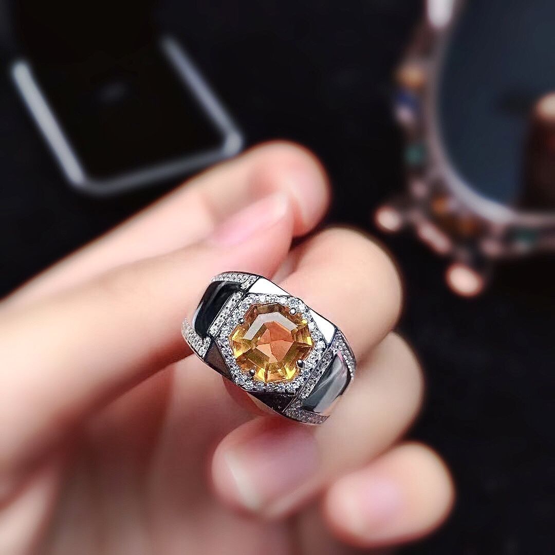新款仿阿斯切仿黄水晶男款戒指镀925银镶嵌个性财运时尚大气霸气