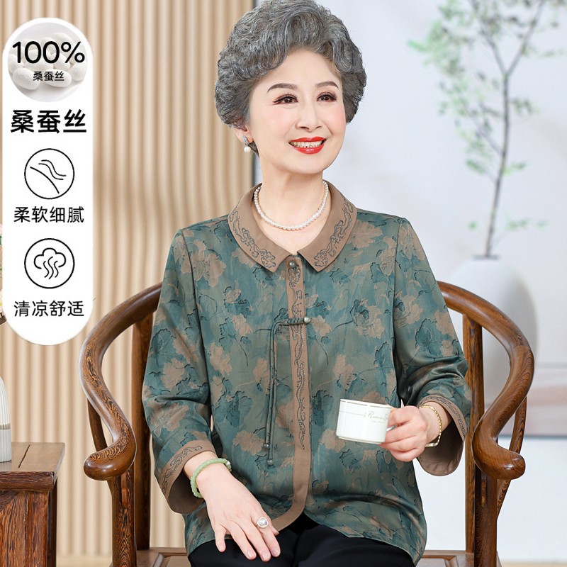 奶奶夏装加肥加大码桑蚕丝衬衫老太太时尚高档香云纱真丝薄款上衣