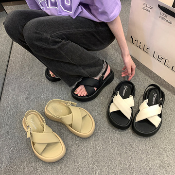 厚底交叉面包凉鞋女韩系夏季外穿白色温柔气质仙女风潮流凉鞋