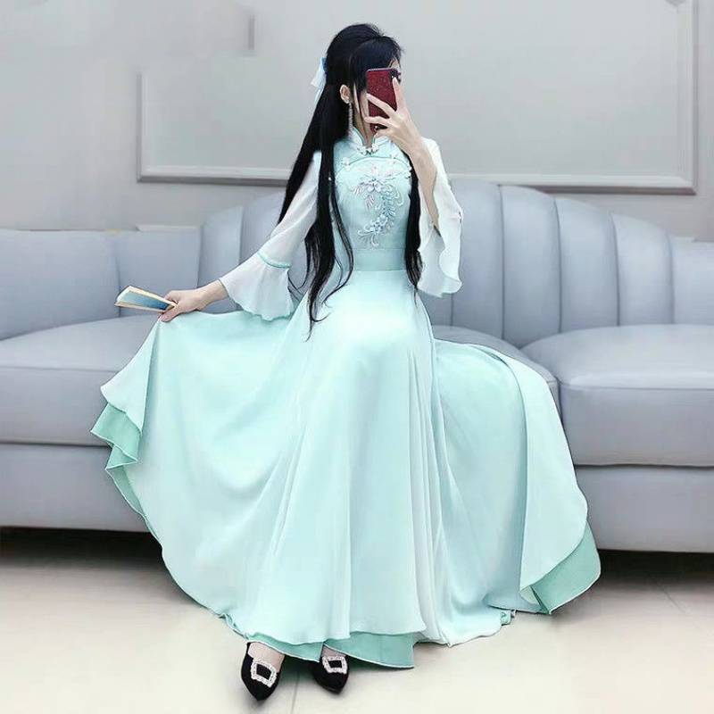 改良汉服女学生古装长款2022新款春夏复古仙女裙齐腰襦裙雪纺长裙