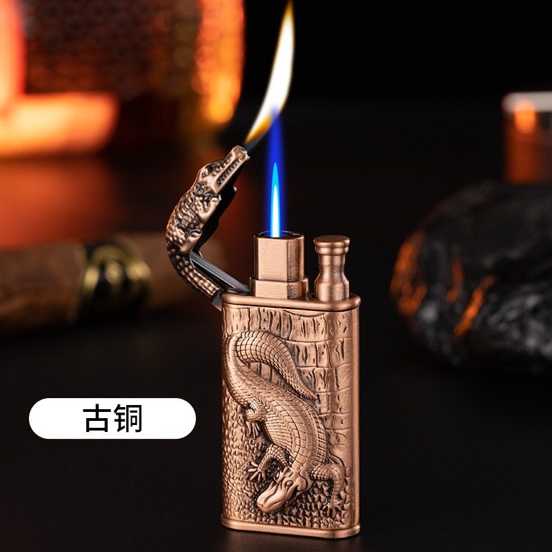 Creative Double Fire Crocodile Three-Dimensional Relief Direct Punch Change Open Fire Gas Lighter Metal Lighter Best-Selling