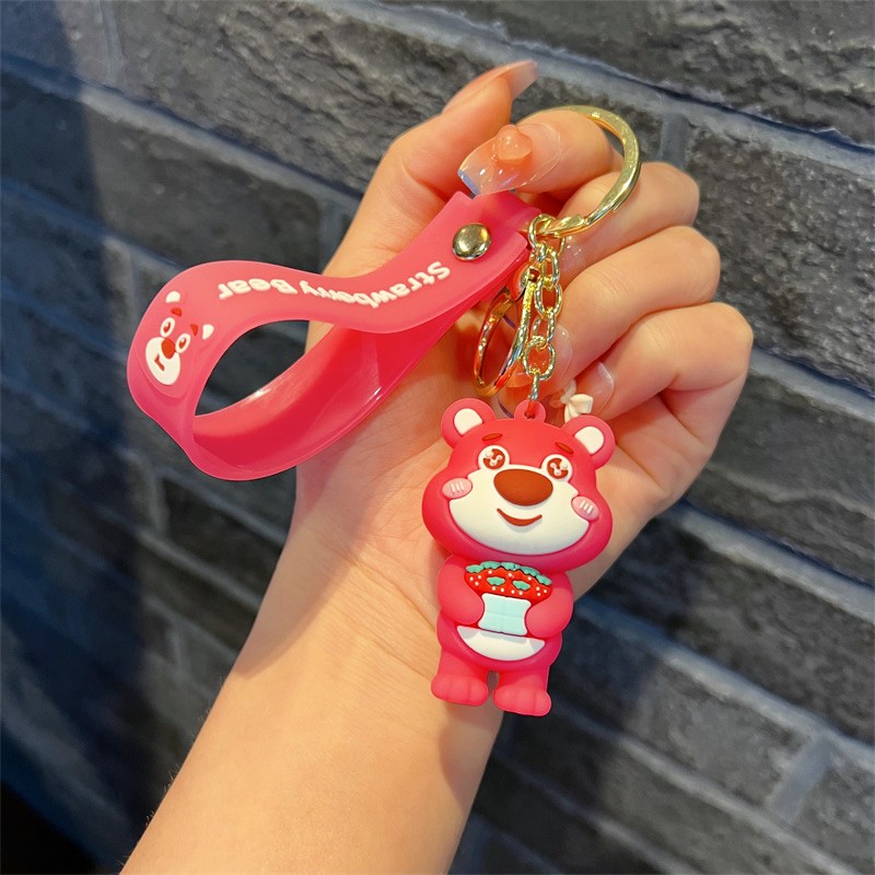 Creative Cartoon Strawberry Bear Keychain Cute Pink Strawberry Bear Key Chain Men and Women Handbag Pendant Wholesale Gifts