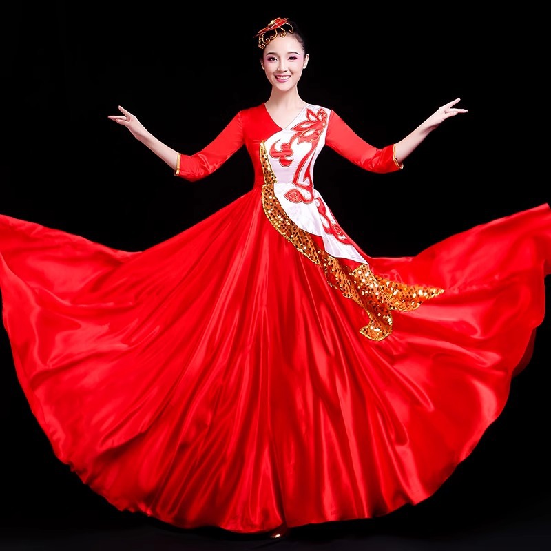 开场舞大摆裙演出服女新款歌伴舞红色大气歌唱祖国舞蹈演出礼服裙