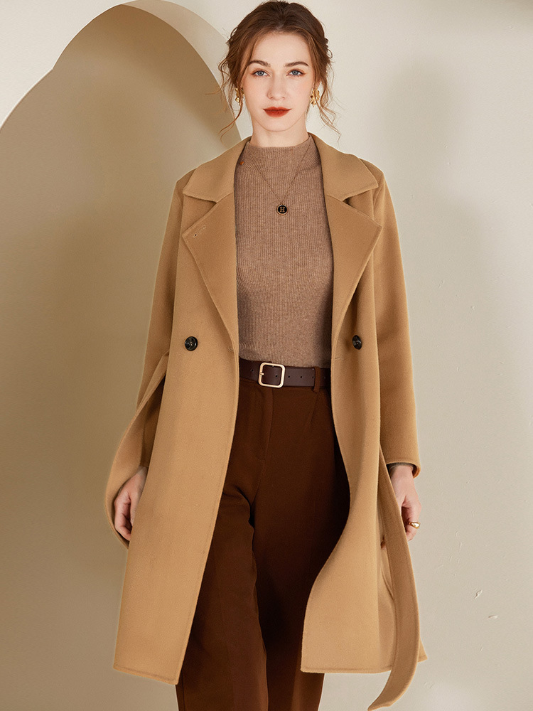 腰带款羊毛双面呢大衣女中长款秋冬季新款呢子外套气质西装领修身