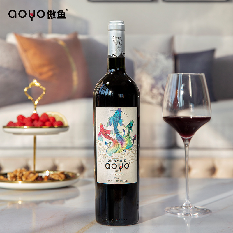 傲鱼智利原装原瓶进口红酒美人鱼佳美娜干红葡萄酒水礼盒套装批发