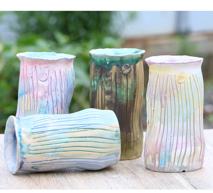 一卌小高桩粗陶透气吸水磨砂质感多肉花盆幻彩色法师盆