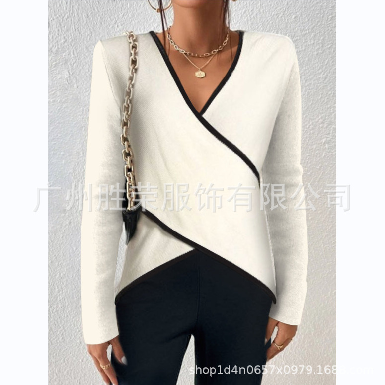 春秋新款跨境外贸欧美女装亚马逊独立站热销款V领纯色交叉下摆T恤