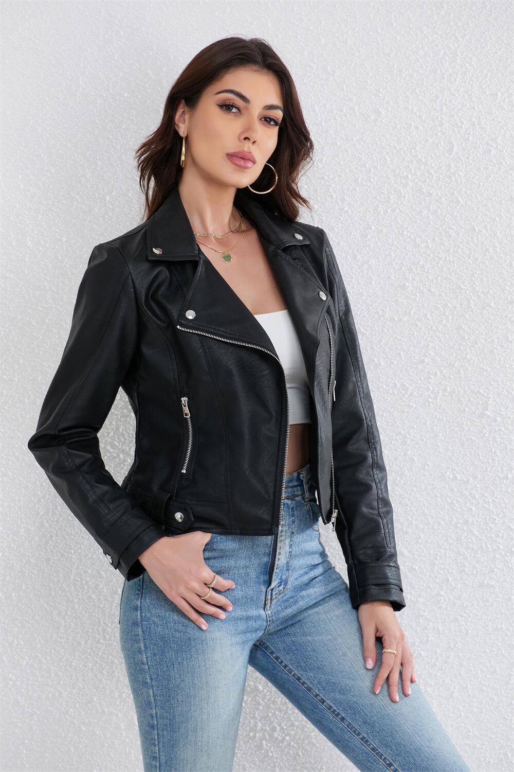 2024跨境欧码亚马逊新款秋冬女皮衣短款夹克修身外套机车服-阿里巴巴