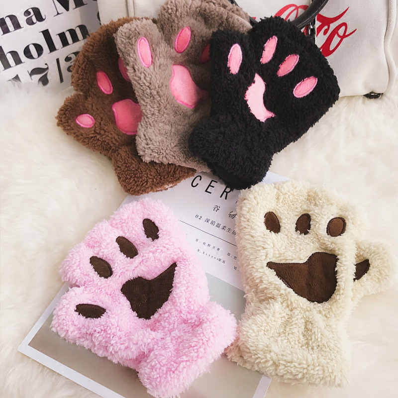 网红冬季女生可爱猫爪手套卡通加厚保暖毛绒半指手套女生圣诞手套