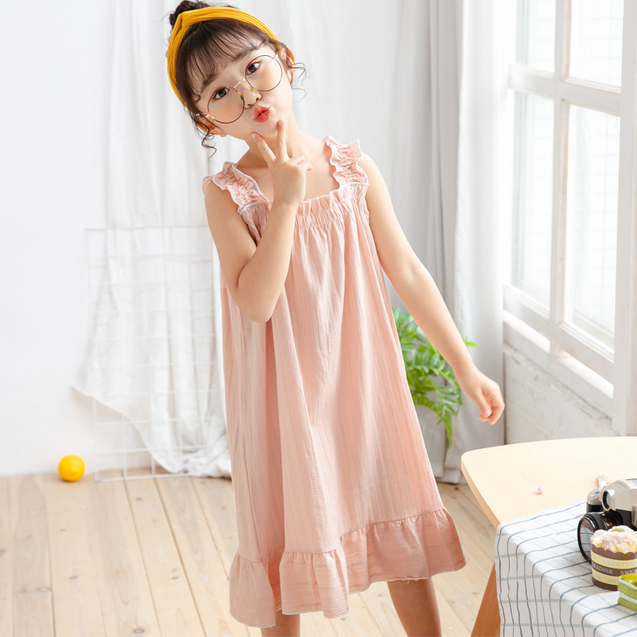 儿童睡裙夏季女童梭织纯棉吊带无袖薄款睡衣裙甜美公主女孩家居服