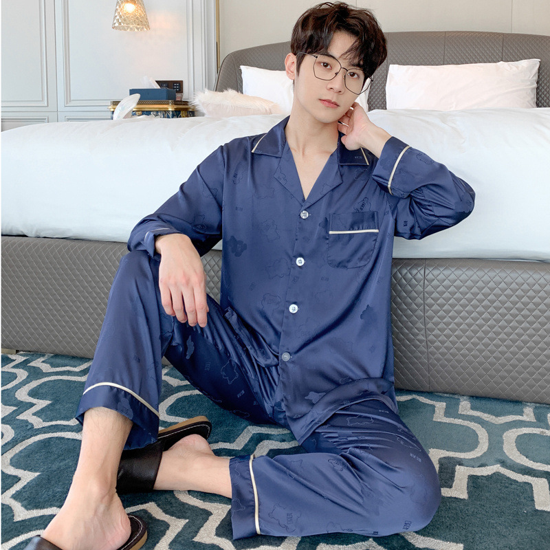 春季新款冰丝睡衣男士长袖长裤两件套网红直播款大码夏季家居服