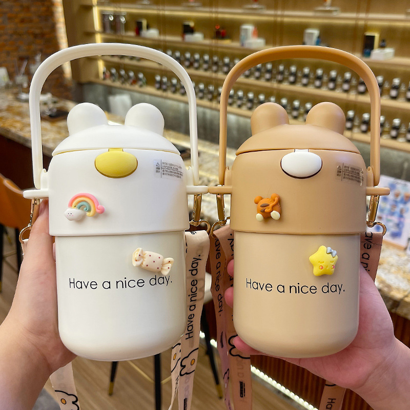 Thermos Cup Cute Toffee Rabbit Water Cup with Straw
