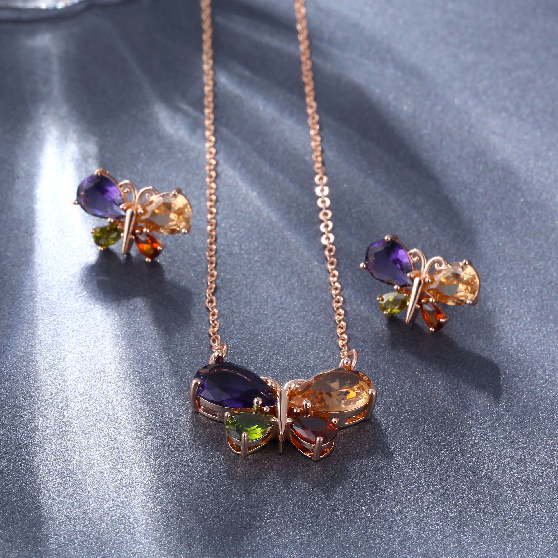 Rose Sutra Rhinestone Zircon Colorful Crystal Butterfly Necklace and Earrings Suite Fashion European and American Style Ear Ring Pendant