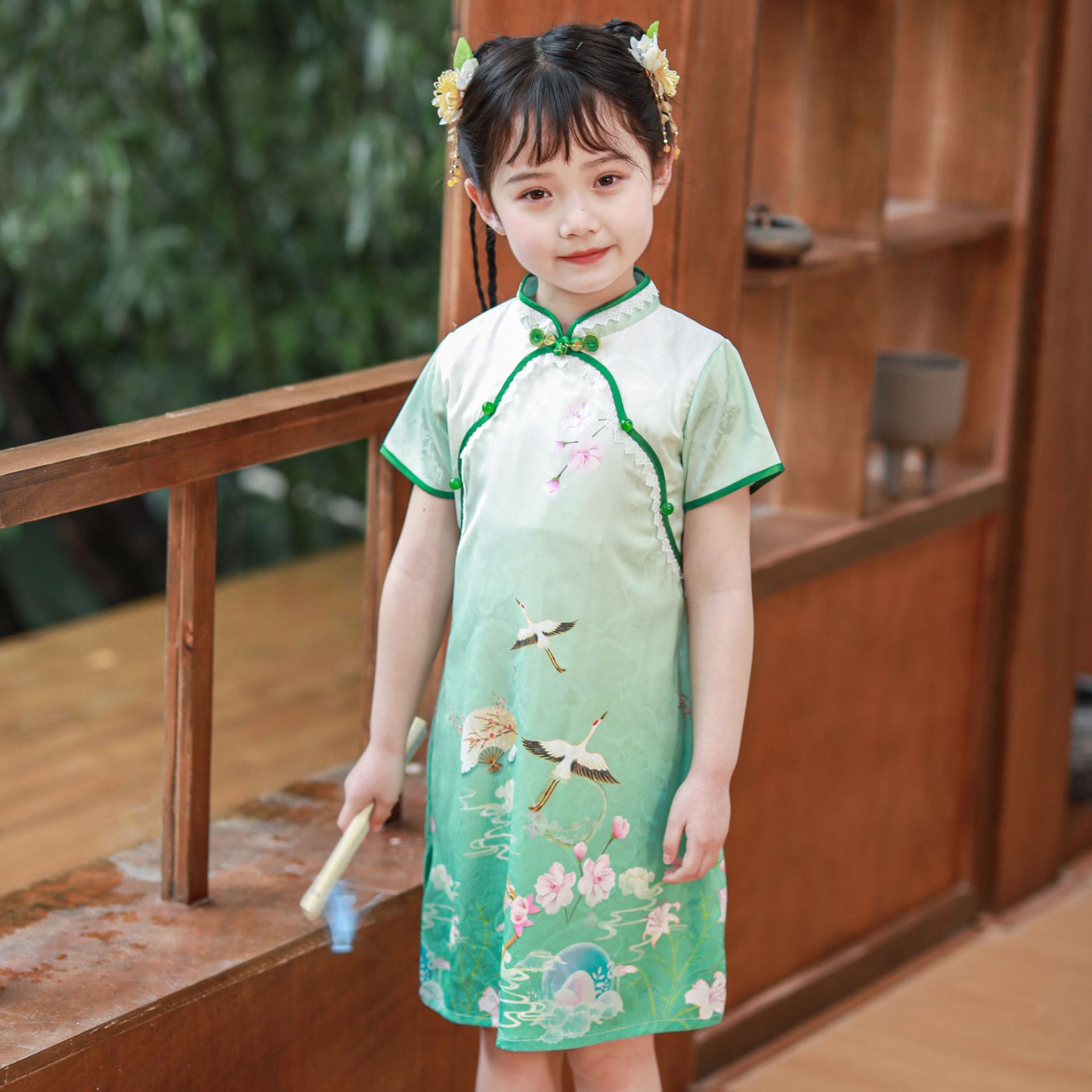 夏款女童荷花连衣裙2024夏装新款古装中国风旗袍童裙中大童公主裙