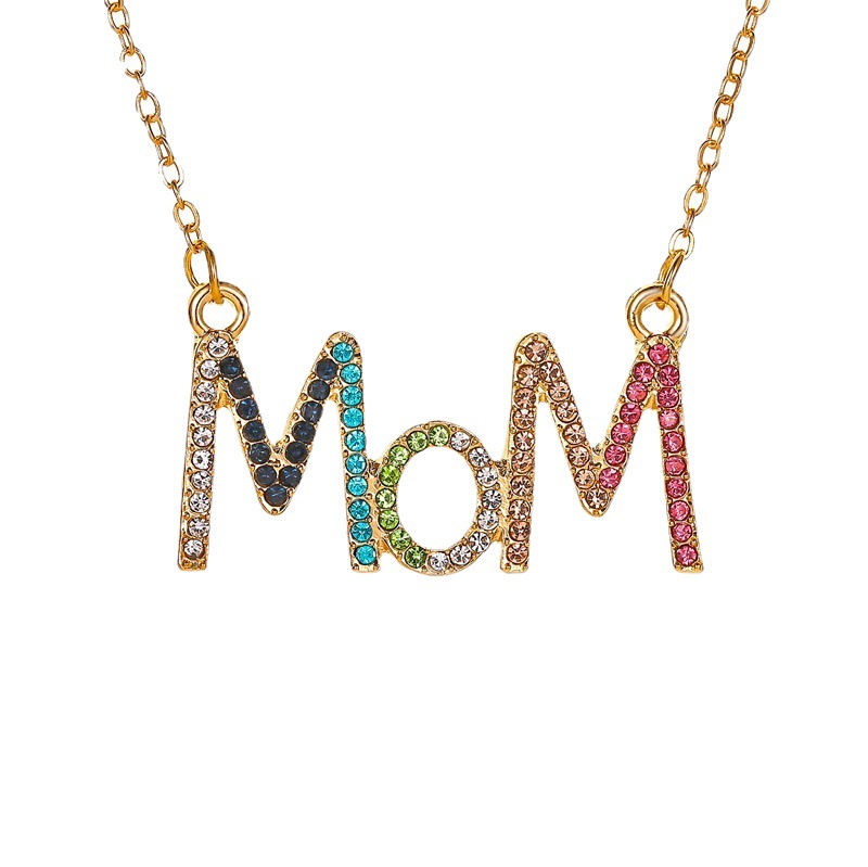 European and American New Fashion Women's Diamond Mom Letter Pendant Necklace Simple Colorful Crystals Mother's Day Necklace Gift