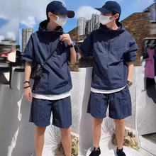 2024男士夏季新款宽松拉链款两件套运动连帽工装纯色潮流短裤套装